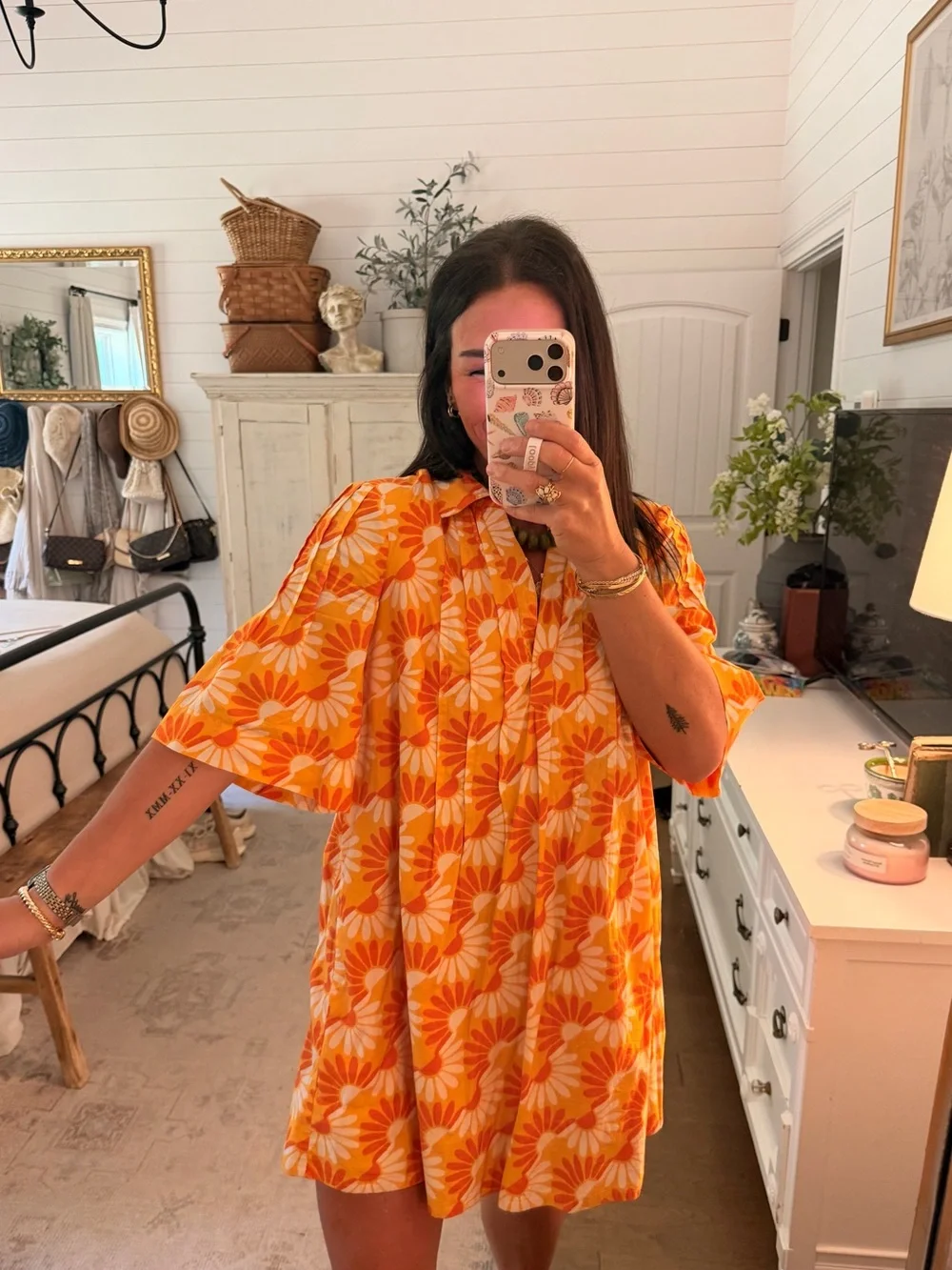 By Anthropologie Orange/White/Yellow Floral Printed Mini Dress Large EUC Retro - Picture 3 of 13